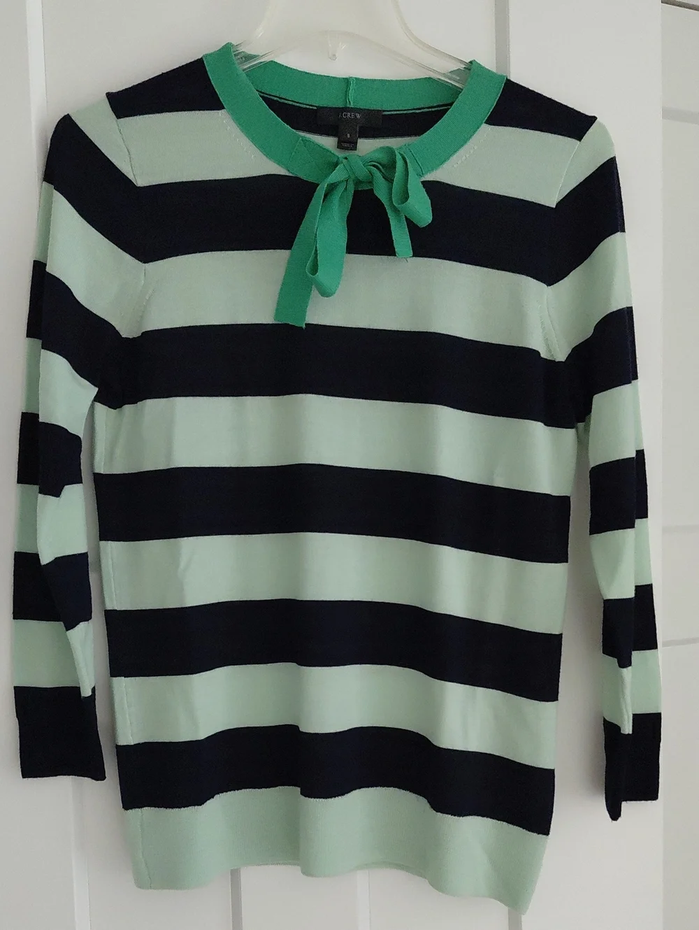J. Crew Mint & Navy Striped Bow-Neck Sweater